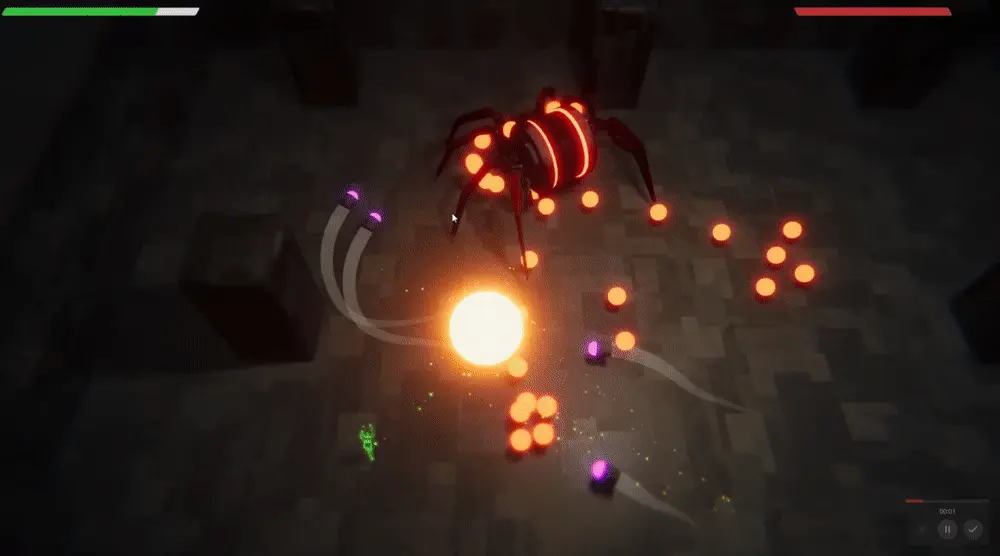 Player fighting a large spider, surrounded by projectiles, in Arachnodroid.