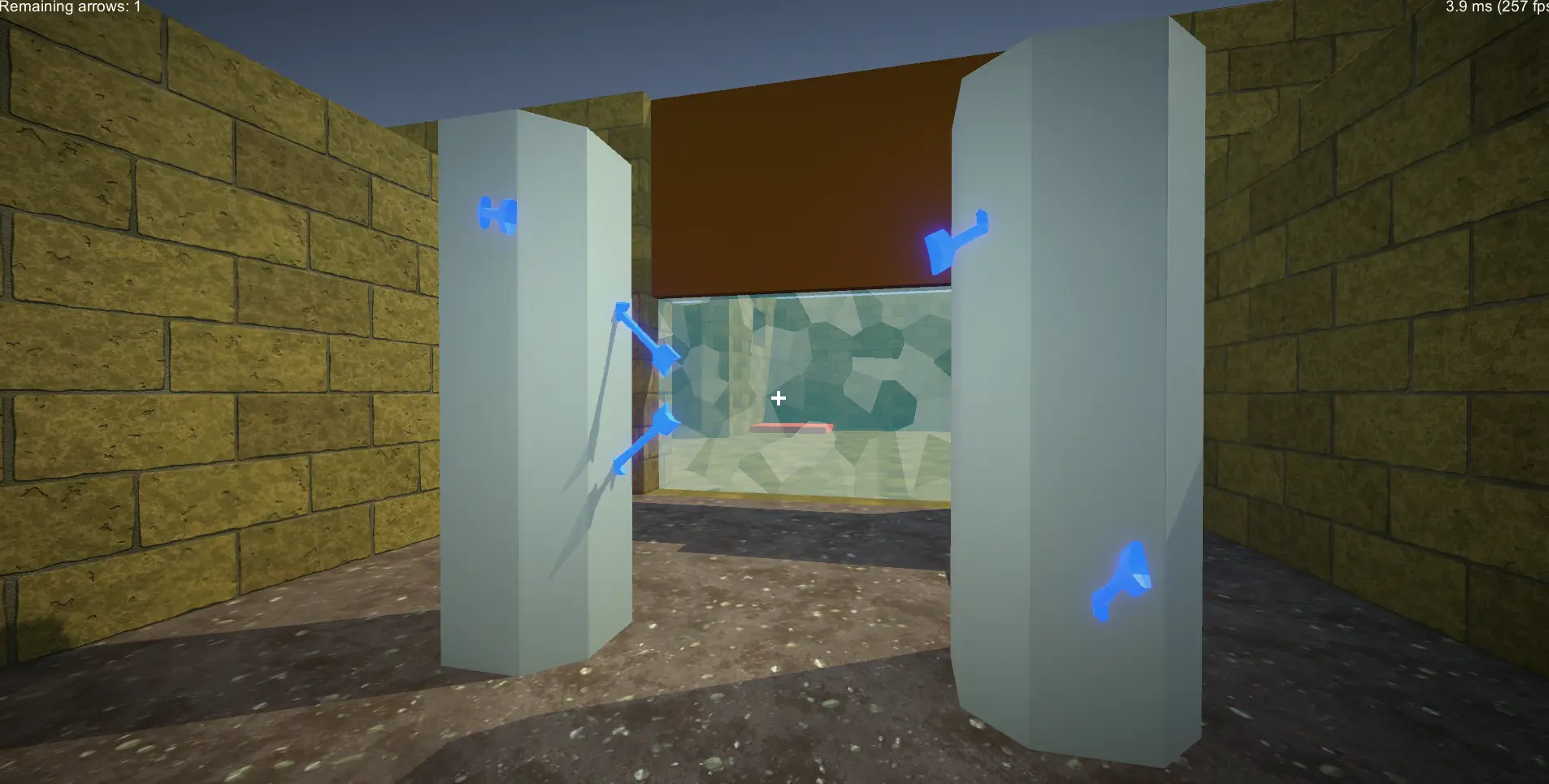 Two pillars with arrows sticking out of them, in front of a blue forcefield.