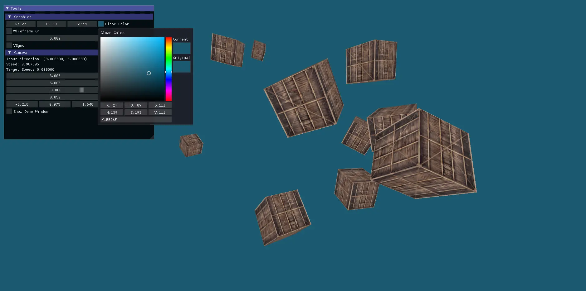 Several crates floating on a blue background, controlled by an ImGui panel.