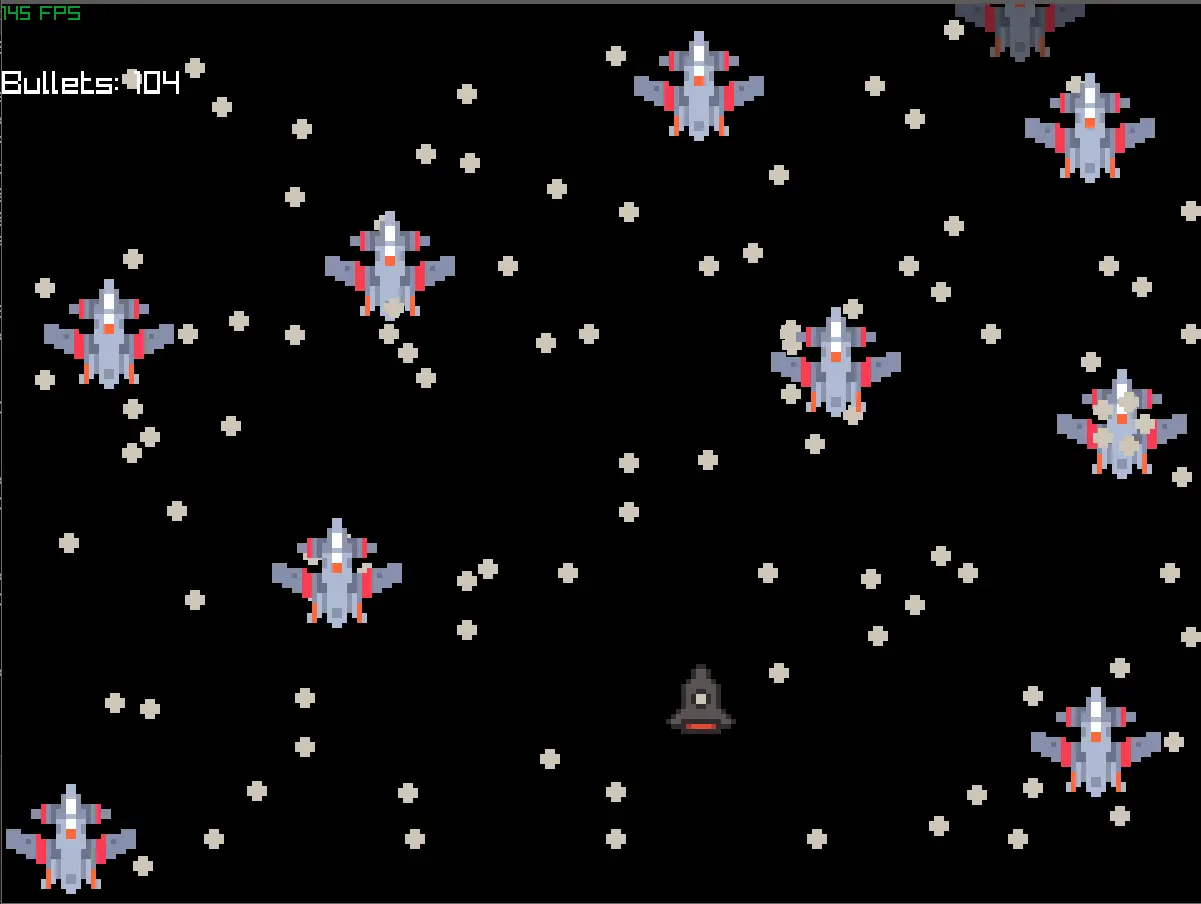 A 2D spaceship surrounded by enemies and bullets.