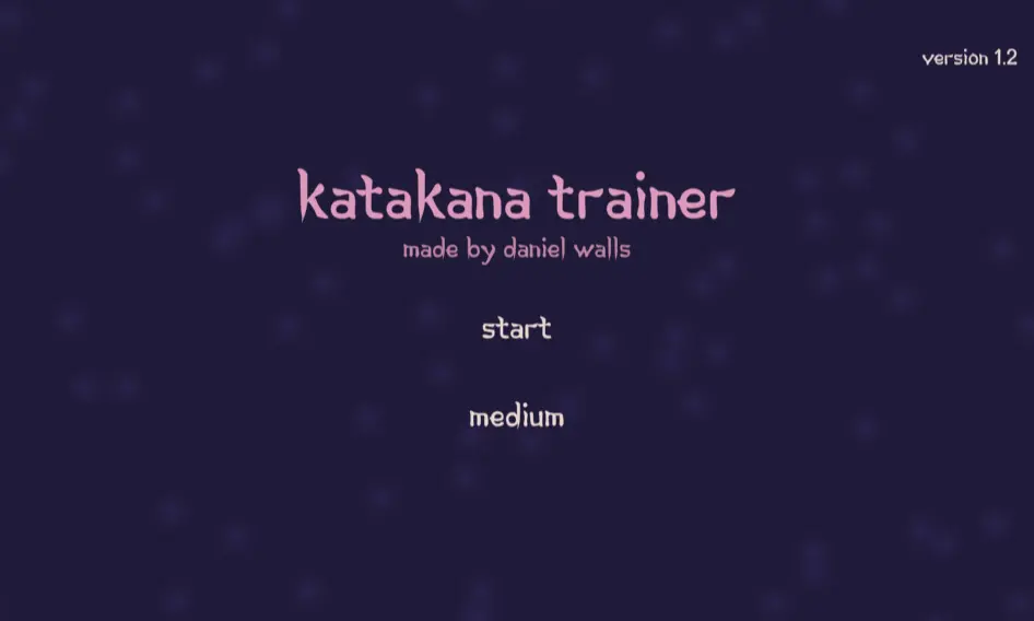 Main menu of Katakana trainer: white title text on a purple background.