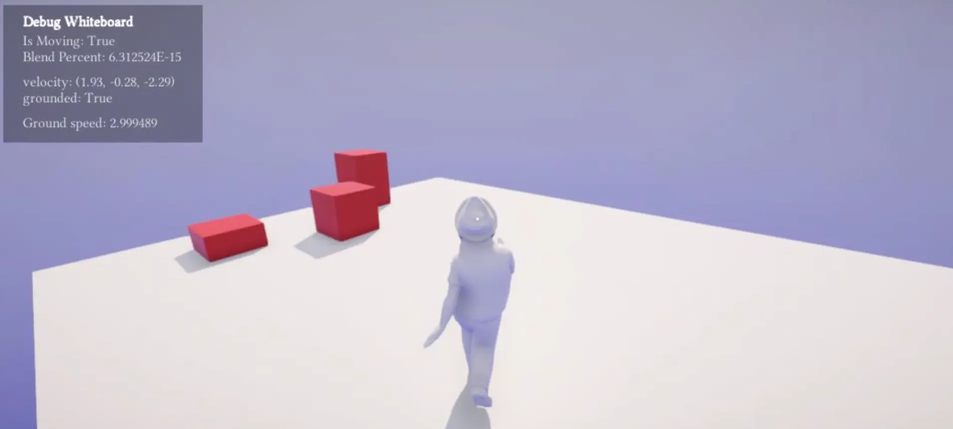 A 3D character running on a white plane floating against a blue gradient skybox.