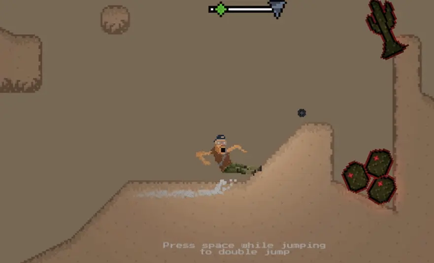 Player running from a flying cactus in Storm Chaser.